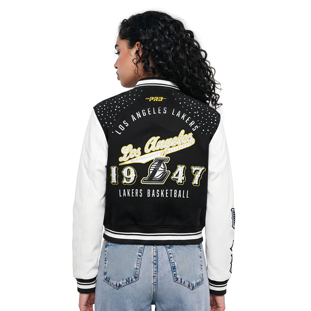NBA LOS ANGELES LAKERS LEGACY WOMEN'S CROPPED RIB WOOL VARSITY JACKET (BLACK/WHITE) - Image 2
