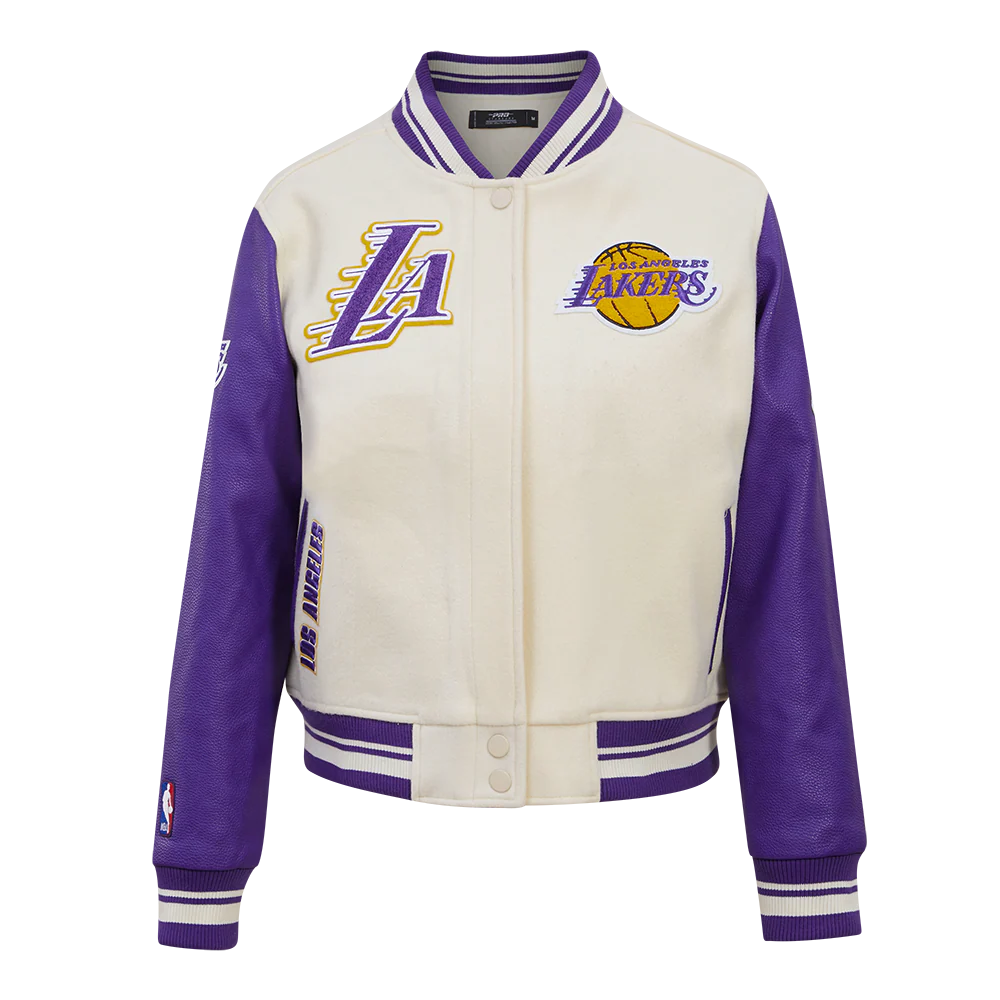 NBA LOS ANGELES LAKERS RETRO CLASSIC WOMEN'S RIB WOOL VARSITY JACKET (EGGSHELL/ PURPLE)