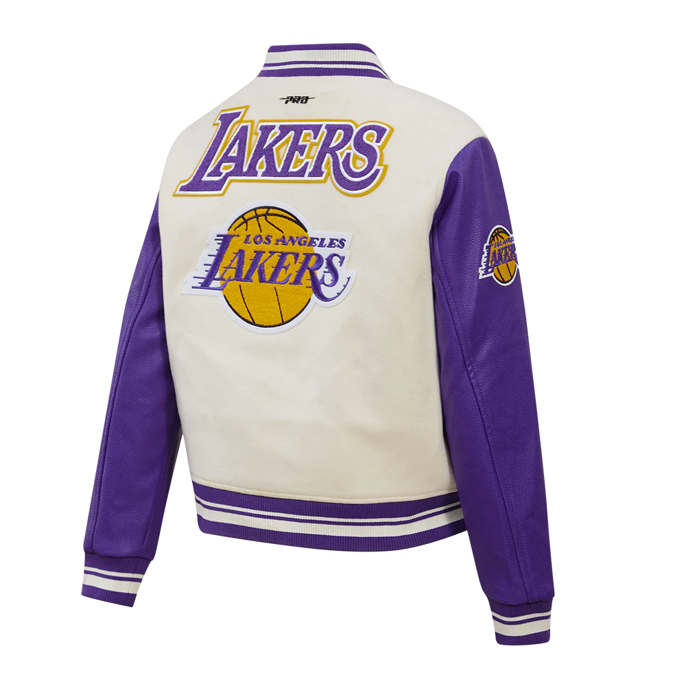 NBA LOS ANGELES LAKERS RETRO CLASSIC WOMEN'S RIB WOOL VARSITY JACKET (EGGSHELL/ PURPLE) - Image 2