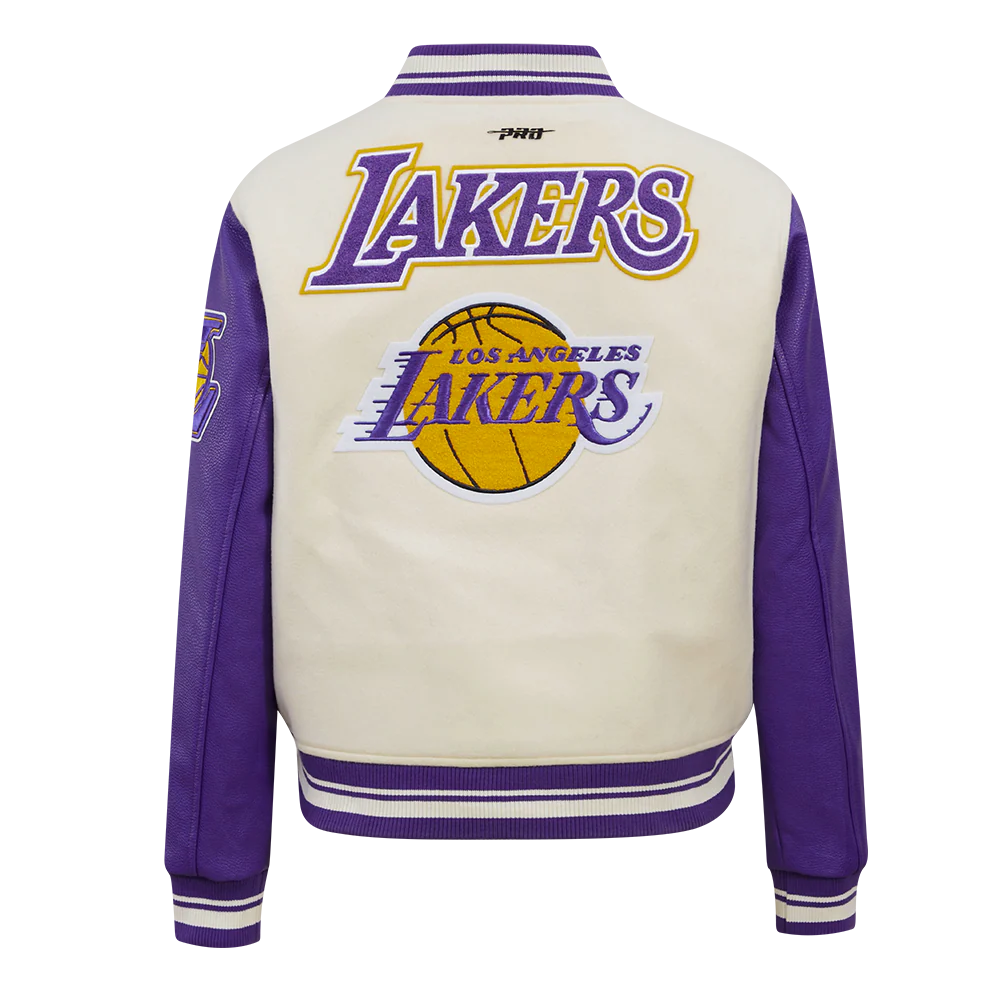 NBA LOS ANGELES LAKERS RETRO CLASSIC WOMEN'S RIB WOOL VARSITY JACKET (EGGSHELL/ PURPLE) - Image 3