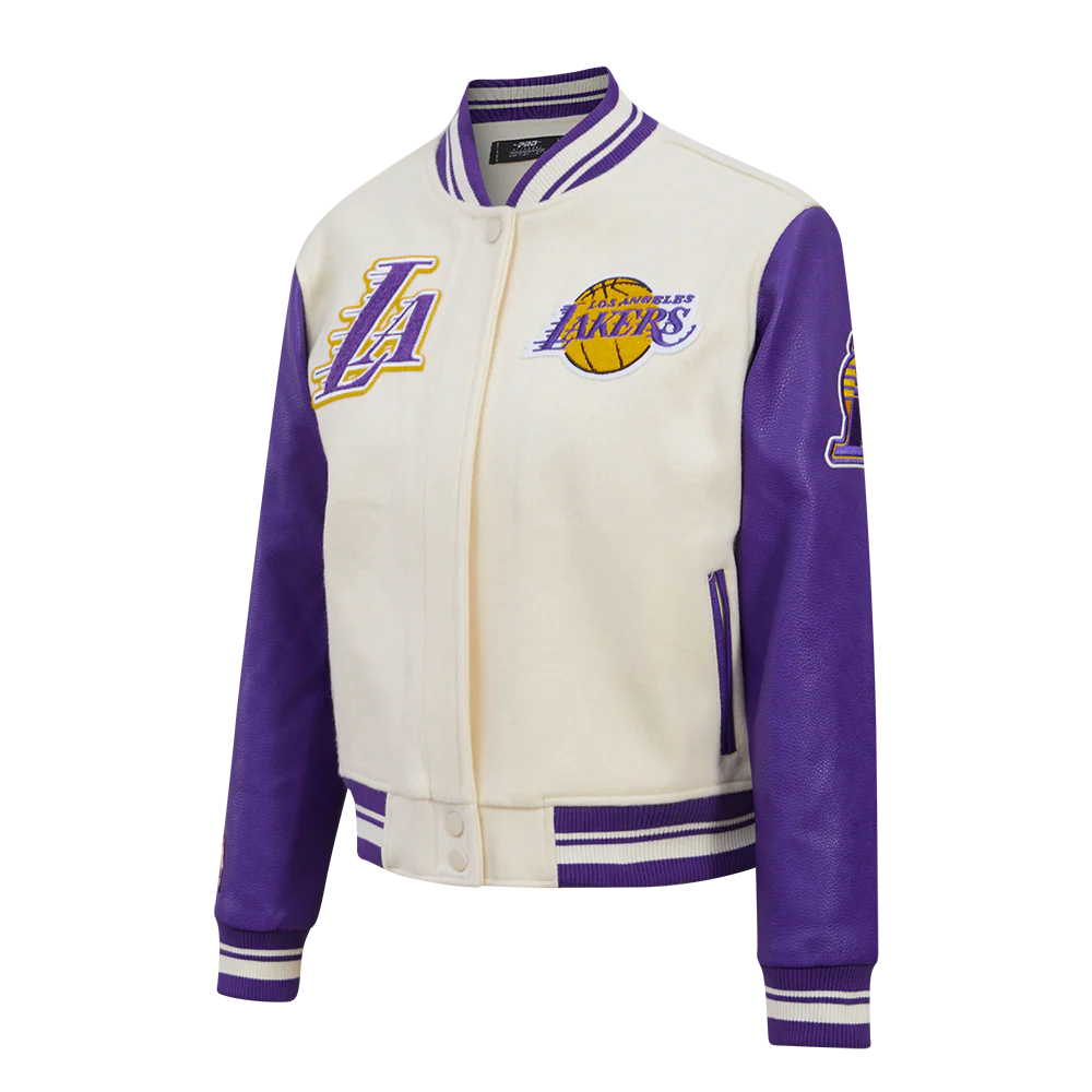 NBA LOS ANGELES LAKERS RETRO CLASSIC WOMEN'S RIB WOOL VARSITY JACKET (EGGSHELL/ PURPLE) - Image 4