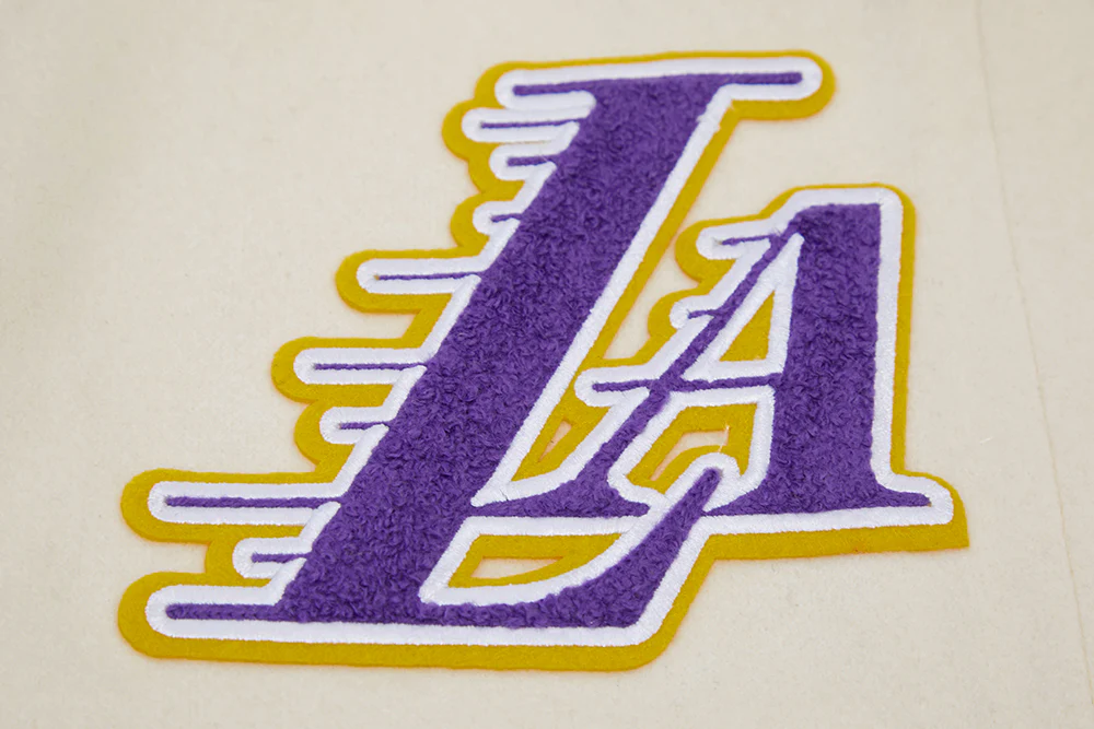 NBA LOS ANGELES LAKERS RETRO CLASSIC WOMEN'S RIB WOOL VARSITY JACKET (EGGSHELL/ PURPLE) - Image 5