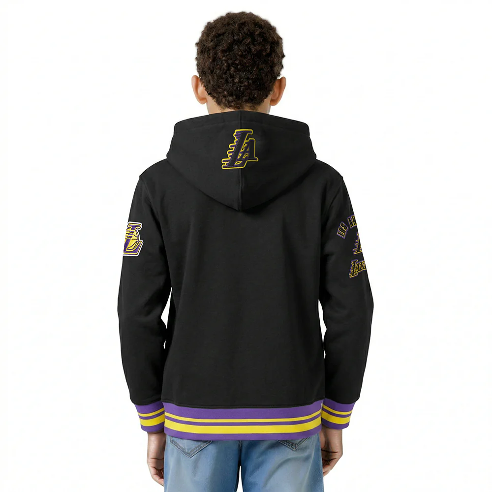 NBA LOS ANGELES LAKERS RETRO CLASSIC LITTLE BOYS RIB FLEECE PULLOVER HOODIE (BLACK/PURPLE) - Image 2