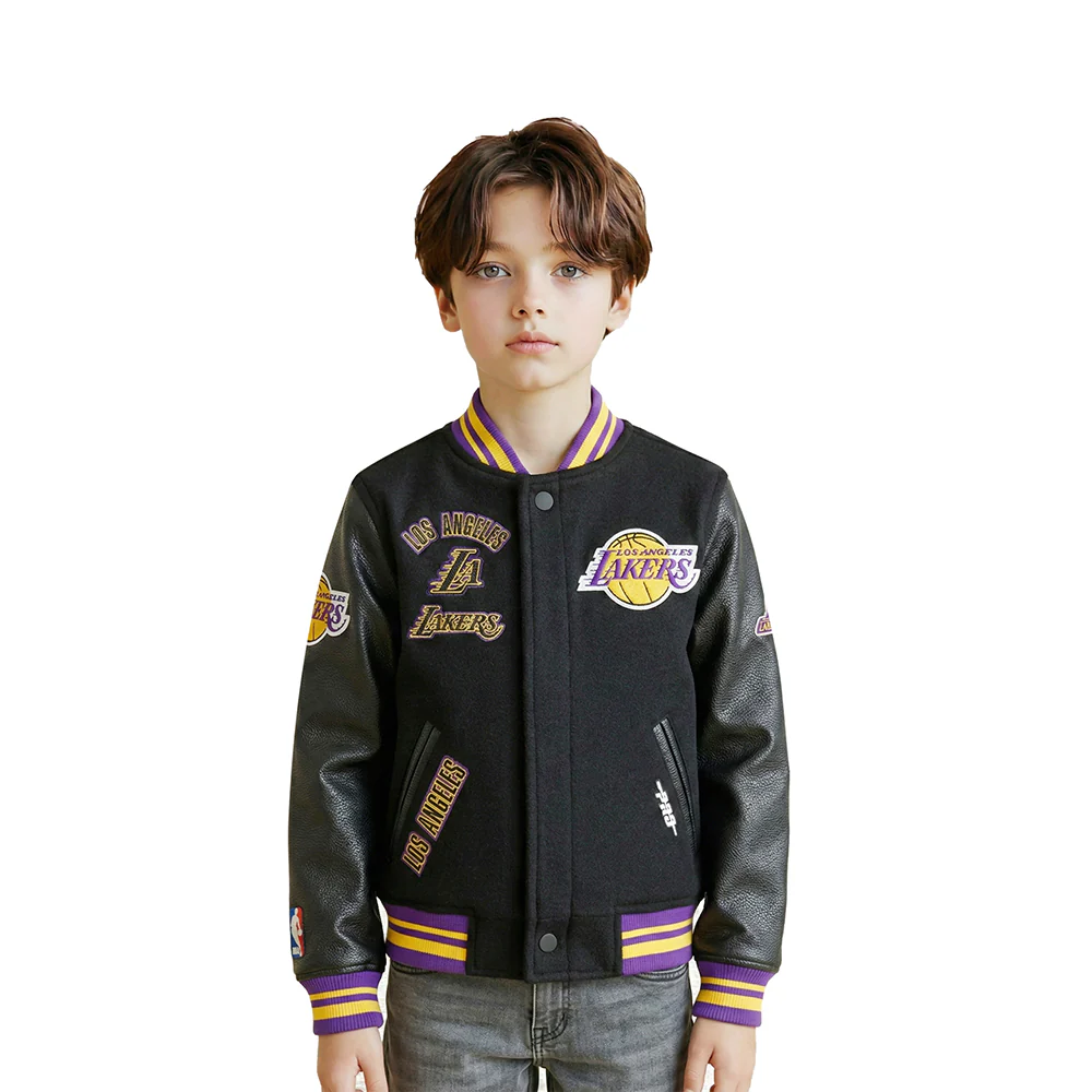 NBA LOS ANGELES LAKERS RETRO CLASSIC LITTLE BOYS RIB WOOL VARSITY JACKET (BLACK/PURPLE)