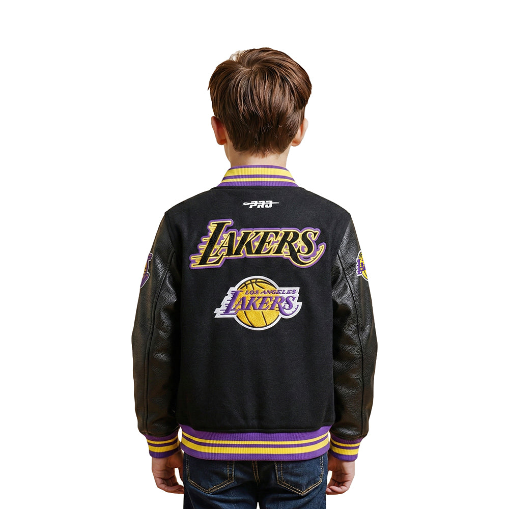 NBA LOS ANGELES LAKERS RETRO CLASSIC LITTLE BOYS RIB WOOL VARSITY JACKET (BLACK/PURPLE) - Image 2