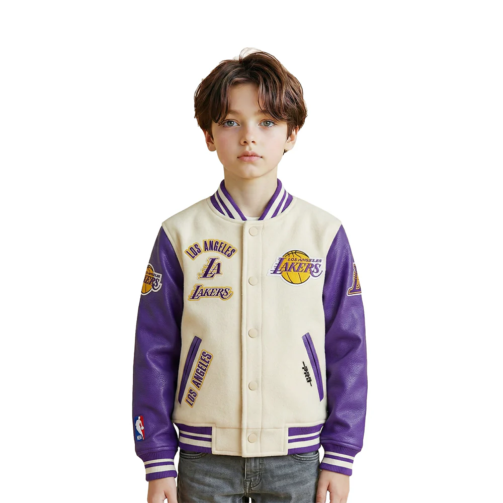 NBA LOS ANGELES LAKERS RETRO CLASSIC LITTLE BOYS RIB WOOL VARSITY JACKET (EGGSHELL/ PURPLE)