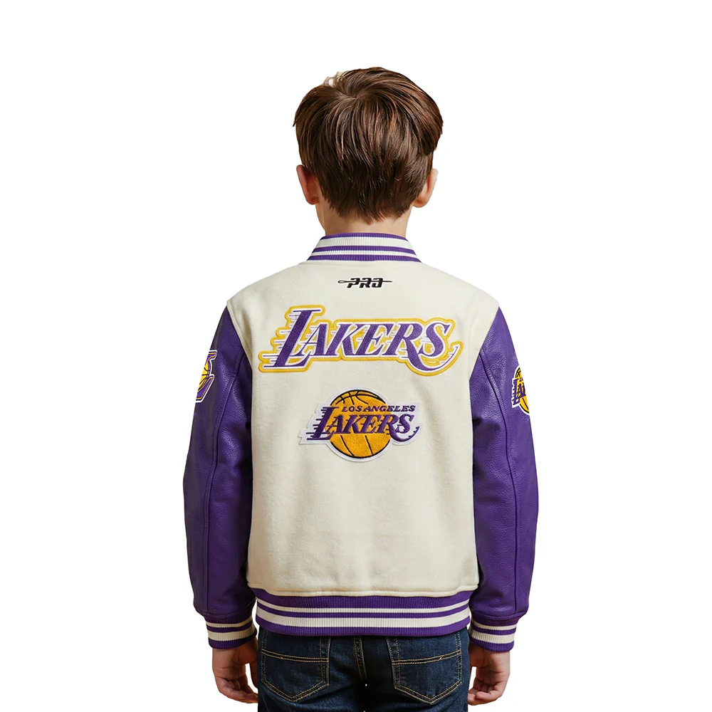 NBA LOS ANGELES LAKERS RETRO CLASSIC LITTLE BOYS RIB WOOL VARSITY JACKET (EGGSHELL/ PURPLE) - Image 2