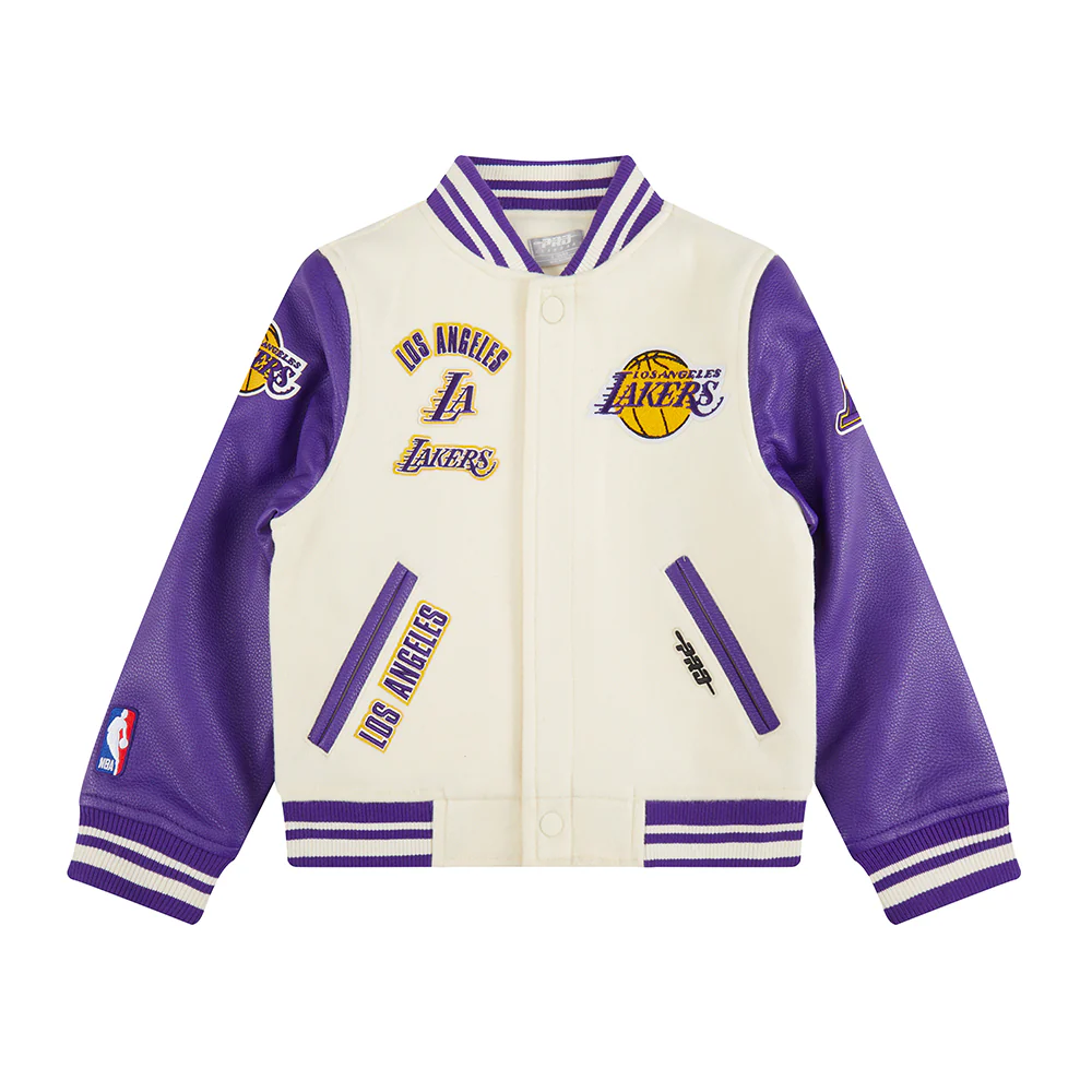 NBA LOS ANGELES LAKERS RETRO CLASSIC LITTLE BOYS RIB WOOL VARSITY JACKET (EGGSHELL/ PURPLE) - Image 3