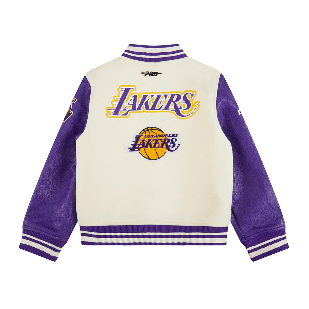 NBA LOS ANGELES LAKERS RETRO CLASSIC LITTLE BOYS RIB WOOL VARSITY JACKET (EGGSHELL/ PURPLE) - Image 4