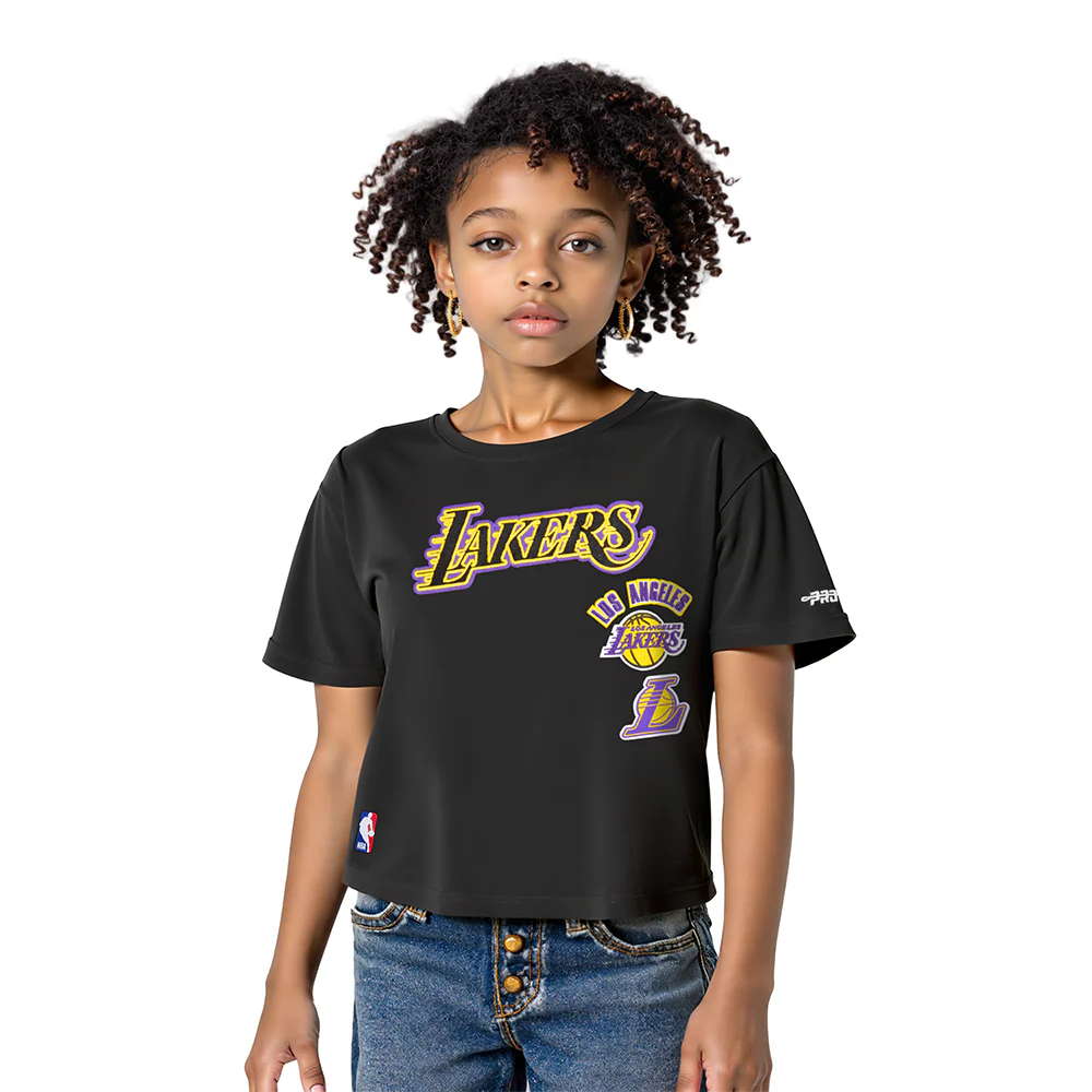 NBA LOS ANGELES LAKERS RETRO CLASSIC LITTLE GIRLS SHORT SLEEVE BOXY TEE (BLACK)