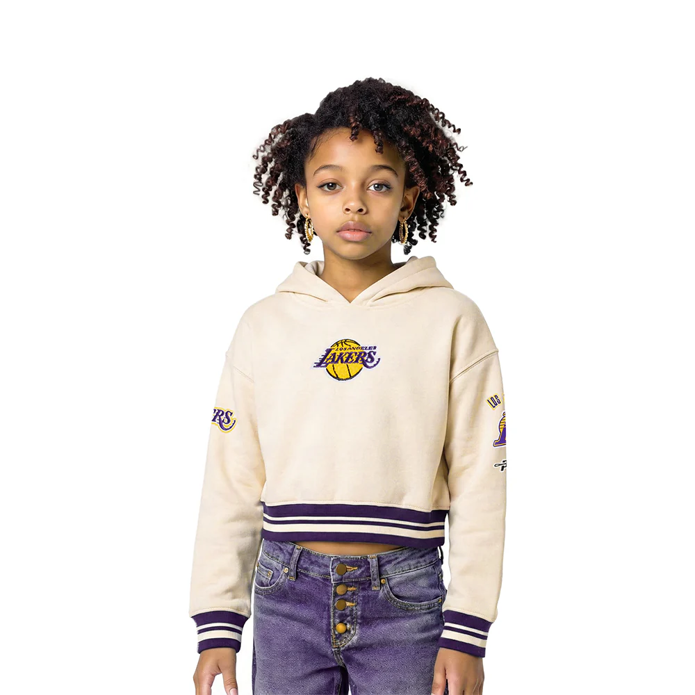 NBA LOS ANGELES LAKERS RETRO CLASSIC LITTLE GIRLS RIB FLEECE PULLOVER HOODIE (EGGSHELL/ PURPLE)
