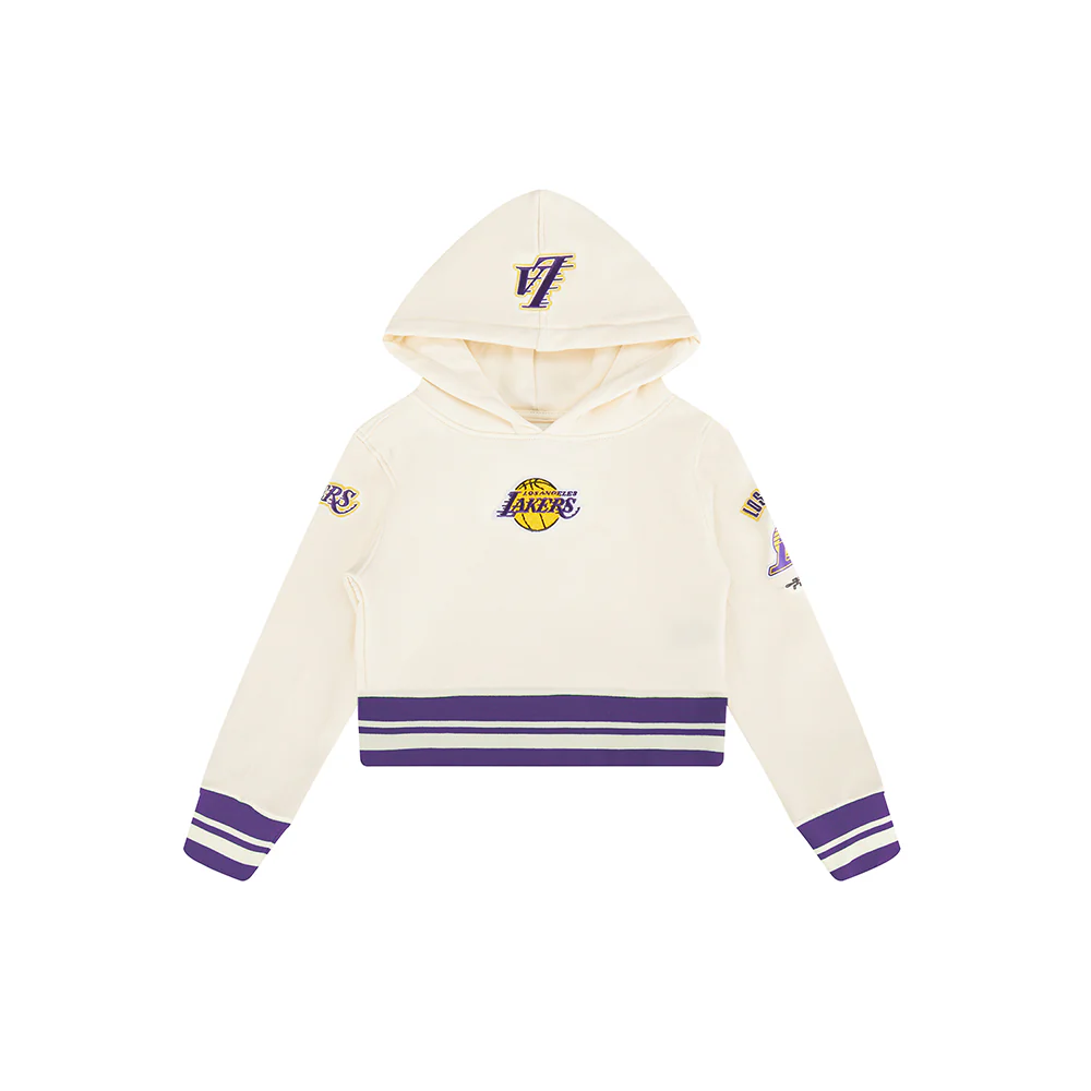 NBA LOS ANGELES LAKERS RETRO CLASSIC LITTLE GIRLS RIB FLEECE PULLOVER HOODIE (EGGSHELL/ PURPLE) - Image 3