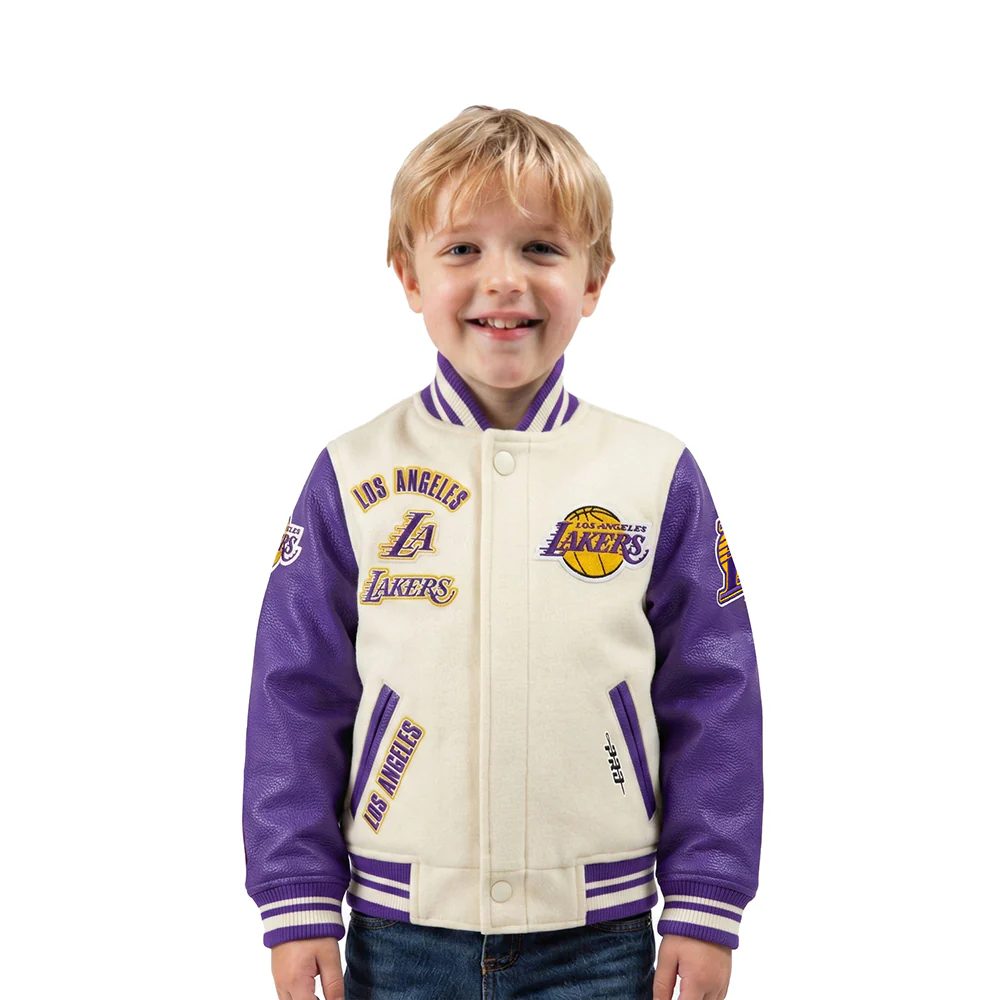 NBA LOS ANGELES LAKERS RETRO CLASSIC TODDLER BOYS RIB WOOL VARSITY JACKET (EGGSHELL/ PURPLE)