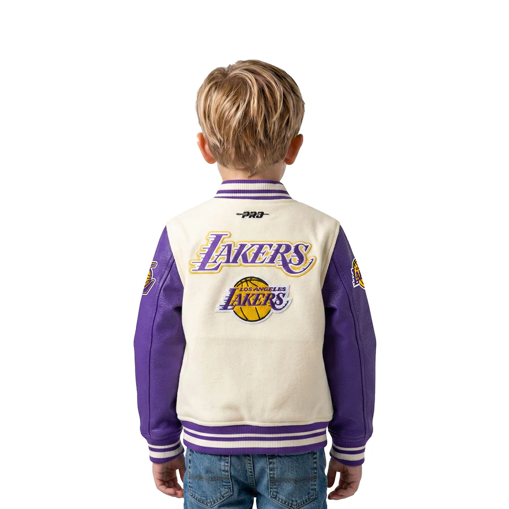 NBA LOS ANGELES LAKERS RETRO CLASSIC TODDLER BOYS RIB WOOL VARSITY JACKET (EGGSHELL/ PURPLE) - Image 2
