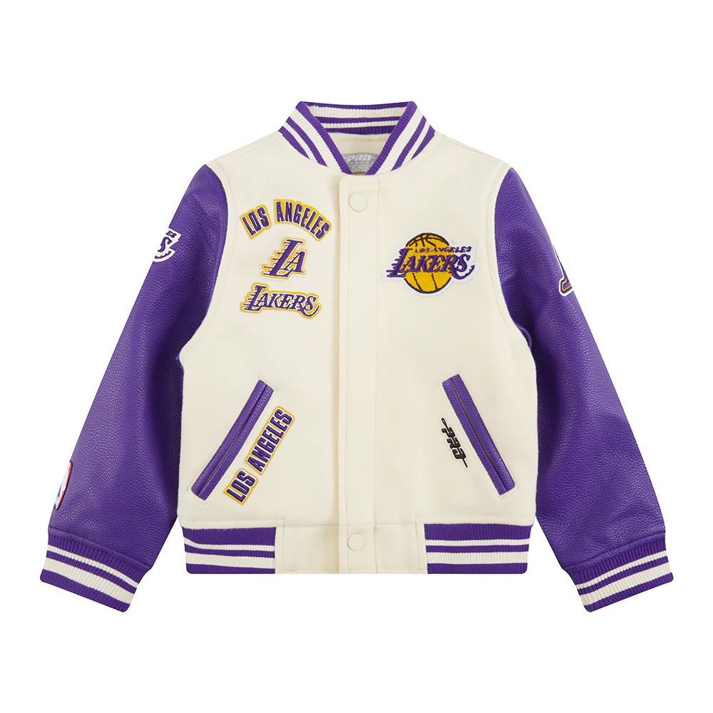 NBA LOS ANGELES LAKERS RETRO CLASSIC TODDLER BOYS RIB WOOL VARSITY JACKET (EGGSHELL/ PURPLE) - Image 3