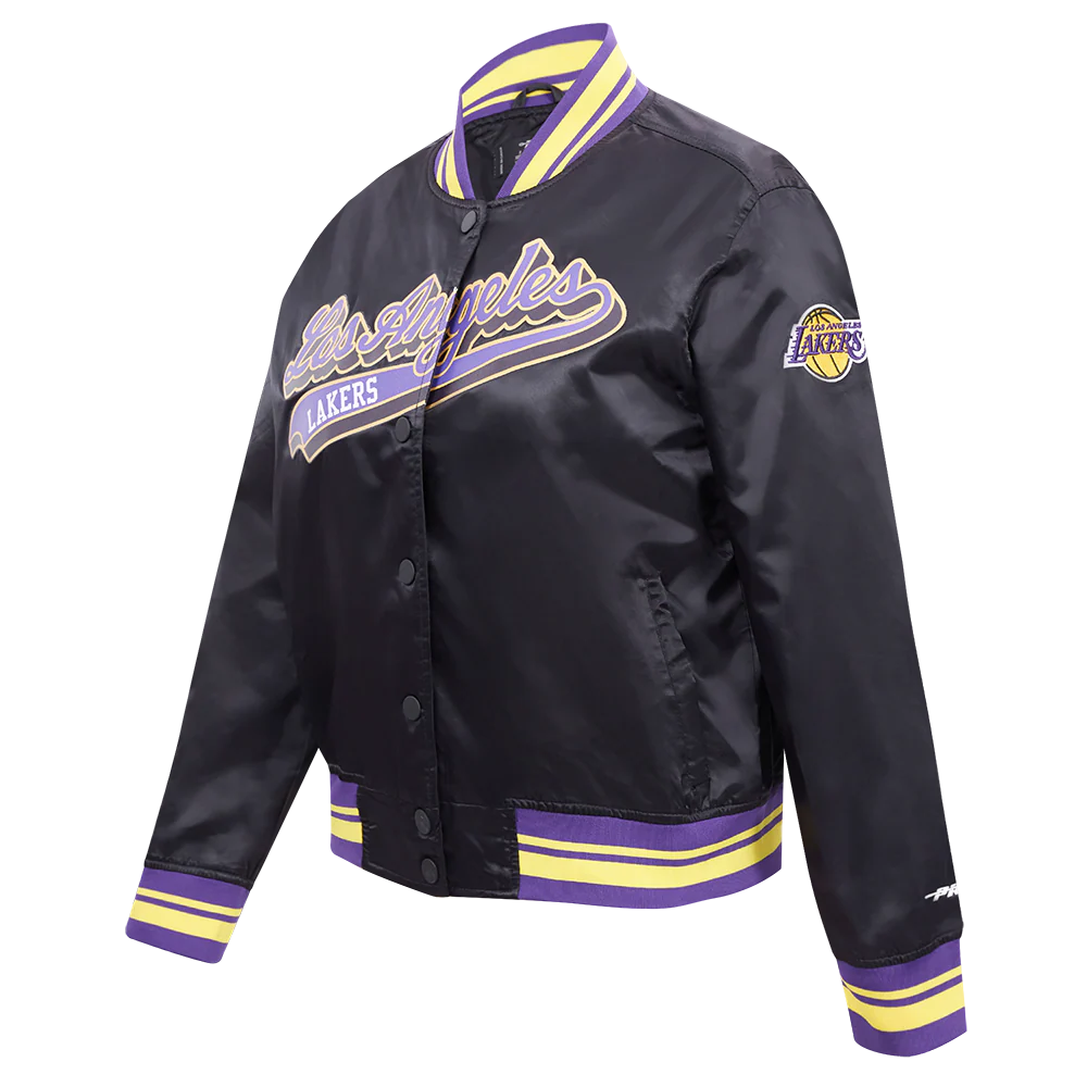 NBA LOS ANGELES LAKERS SCRIPT TAIL WOMEN'S SATIN JACKET (BLACK/PURPLE) - Image 2
