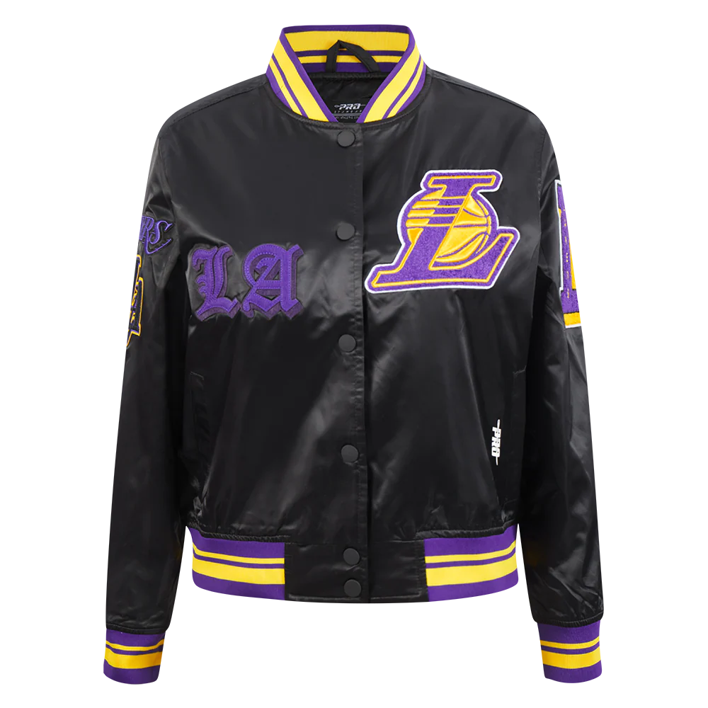 NBA LOS ANGELES LAKERS OLD ENGLISH WOMEN'S RIB SATIN JACKET (BLACK/PURPLE)