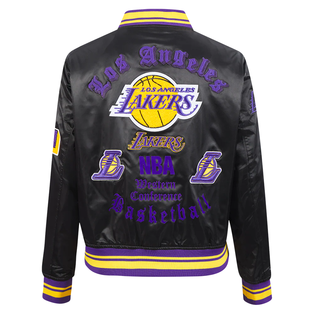 NBA LOS ANGELES LAKERS OLD ENGLISH WOMEN'S RIB SATIN JACKET (BLACK/PURPLE) - Image 3