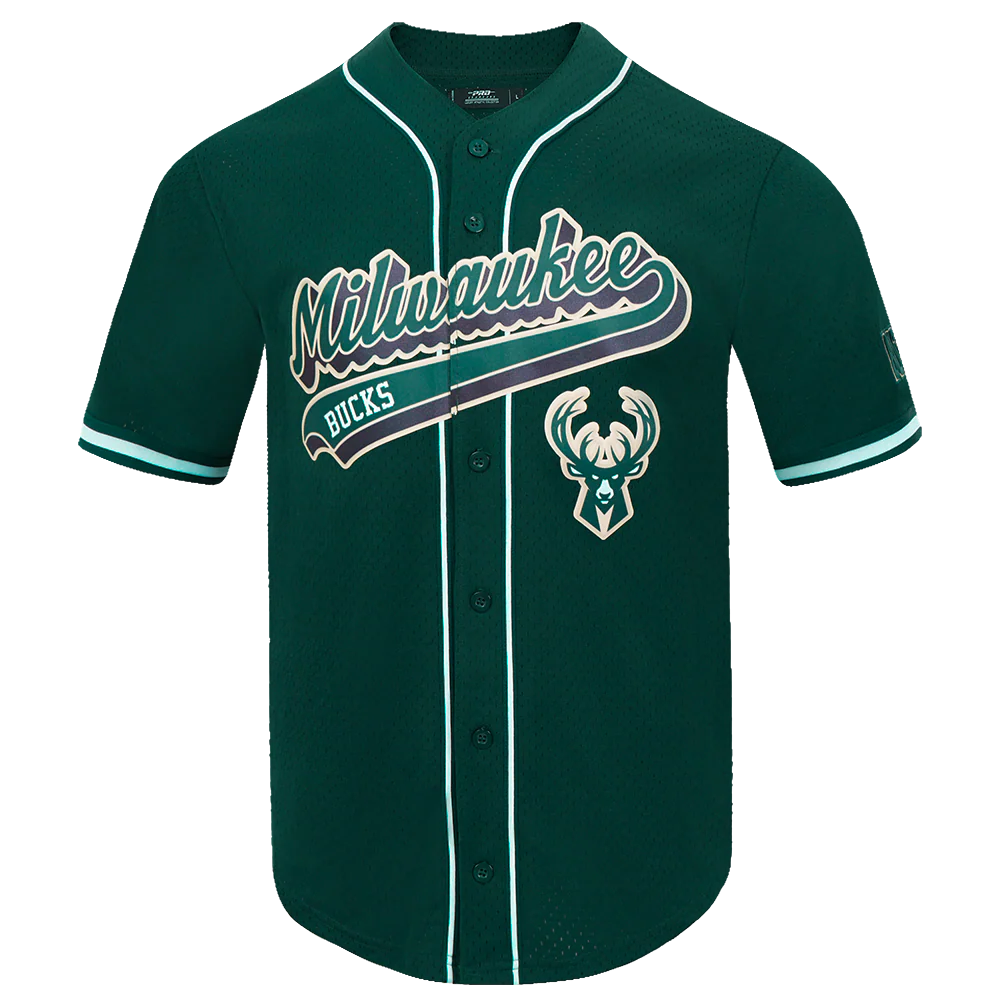 NBA MILWAUKEE BUCKS SCRIPT TAIL MEN'S MESH BUTTON DOWN SHIRT (FOREST GREEN)