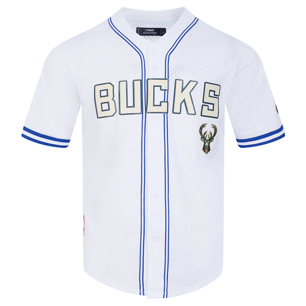 NBA MILWAUKEE BUCKS CITY EDITION 24-25 MEN'S MESH BUTTON DOWN SHIRT (WHITE/ROYAL BLUE)