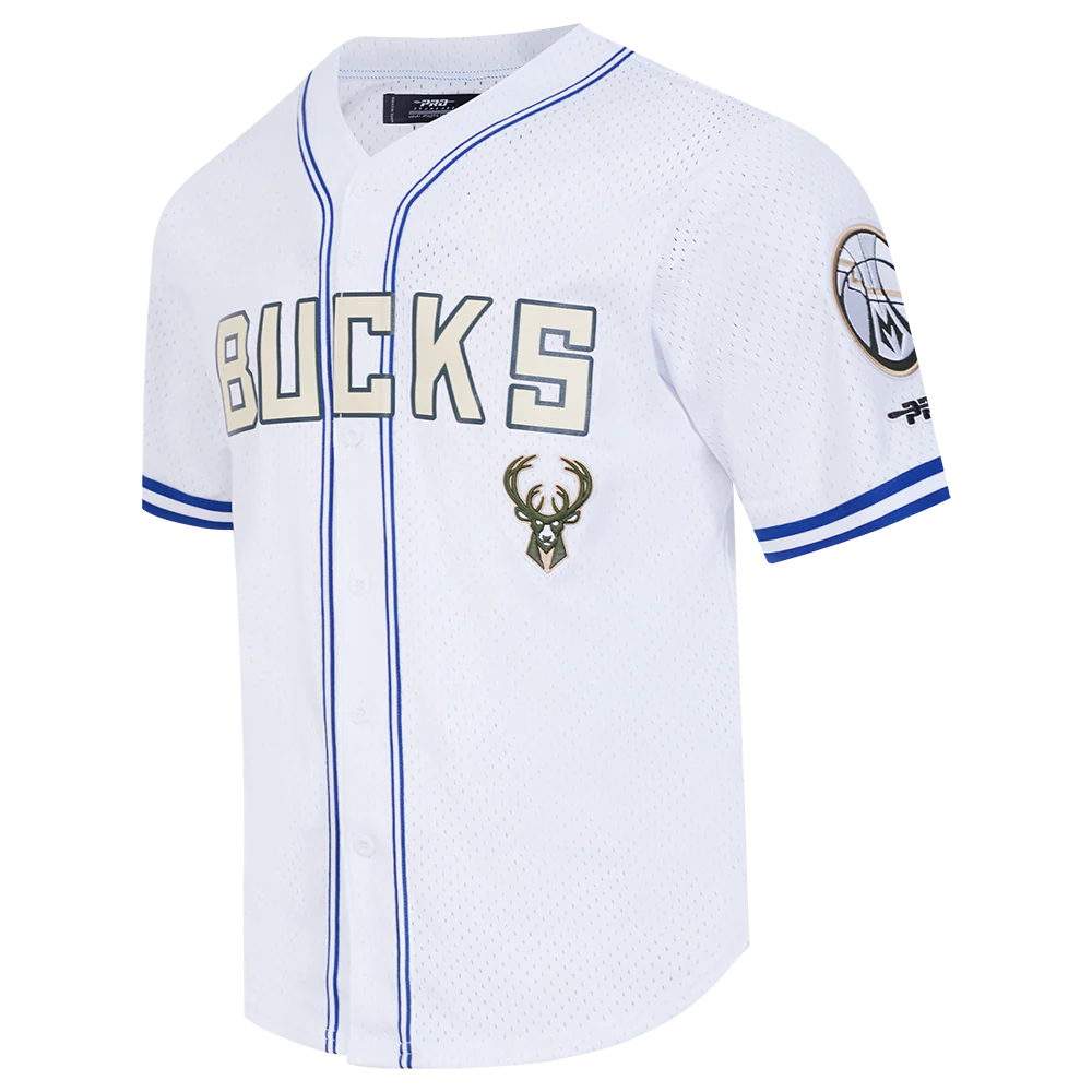 NBA MILWAUKEE BUCKS CITY EDITION 24-25 MEN'S MESH BUTTON DOWN SHIRT (WHITE/ROYAL BLUE) - Image 2