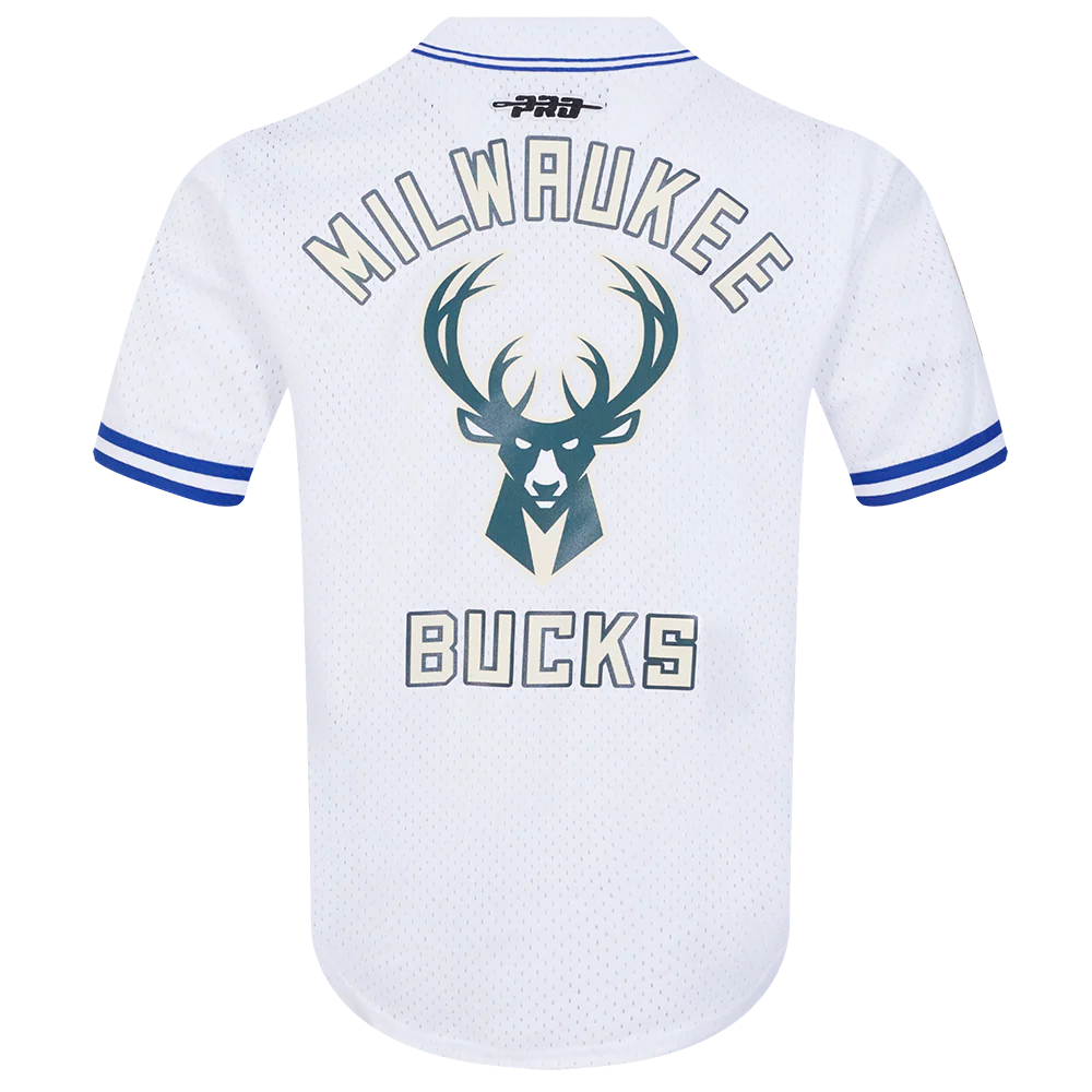 NBA MILWAUKEE BUCKS CITY EDITION 24-25 MEN'S MESH BUTTON DOWN SHIRT (WHITE/ROYAL BLUE) - Image 3