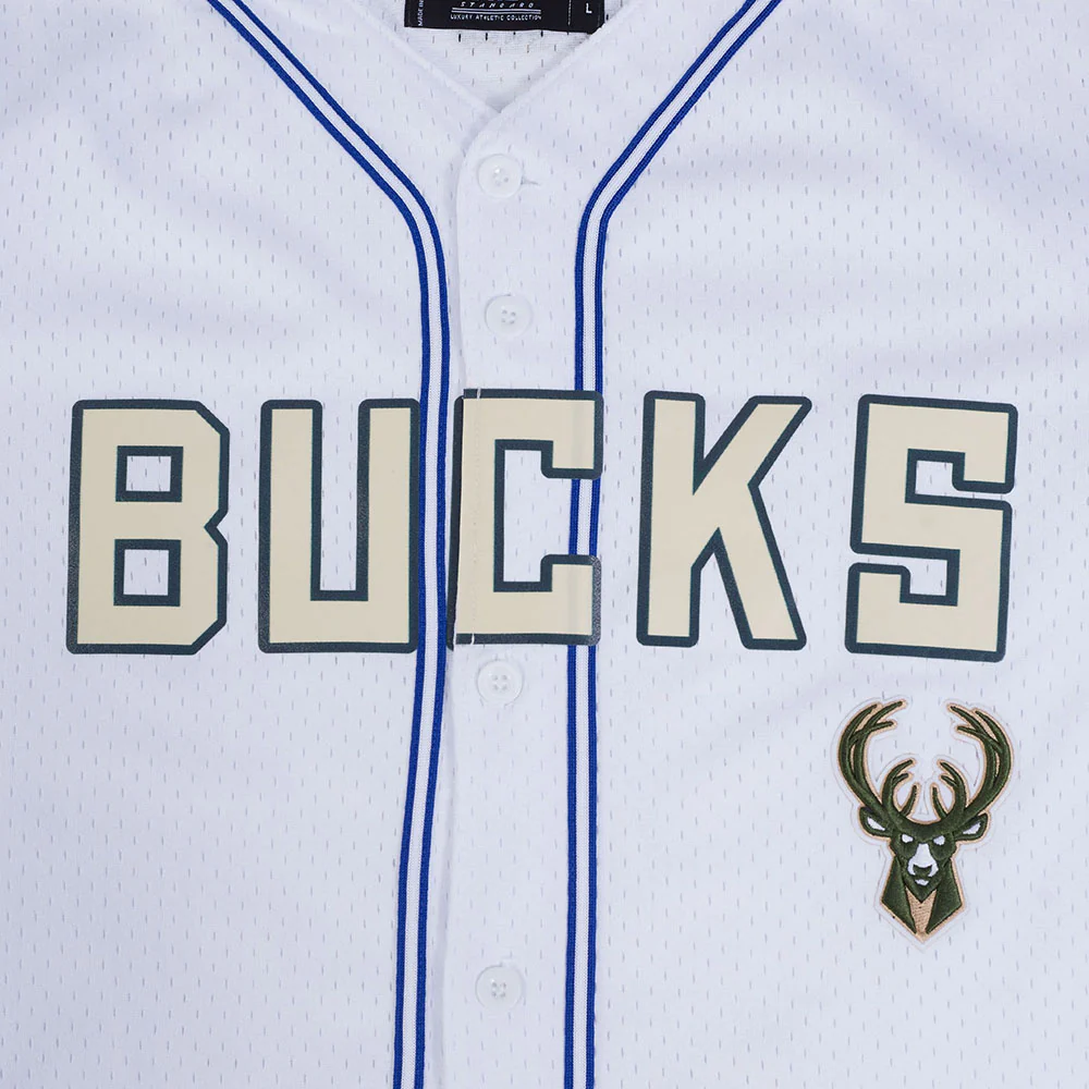 NBA MILWAUKEE BUCKS CITY EDITION 24-25 MEN'S MESH BUTTON DOWN SHIRT (WHITE/ROYAL BLUE) - Image 7