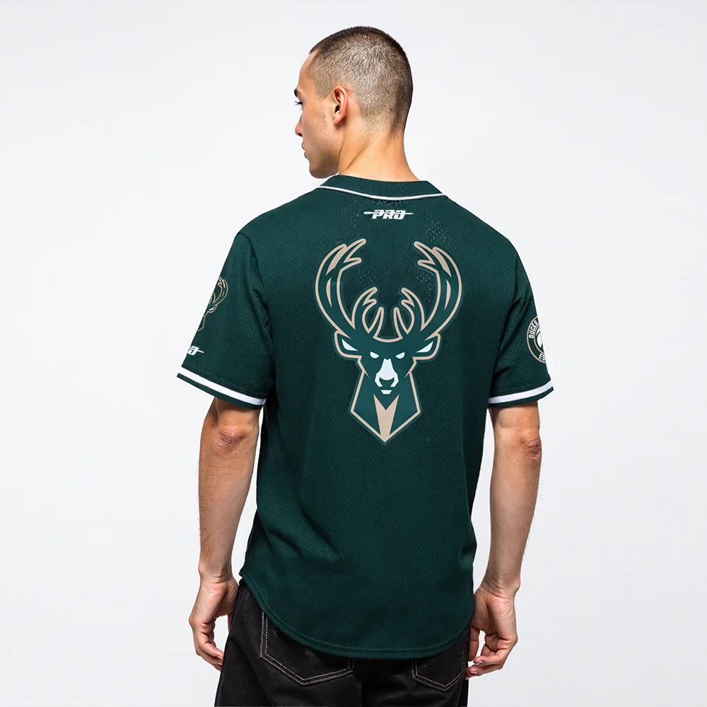 NBA MILWAUKEE BUCKS GIANNIS ANTETOKOUNMPO #34 CLASSIC MESH PNN MEN'S MESH BUTTON DOWN SHIRT (FOREST GREEN) - Image 2