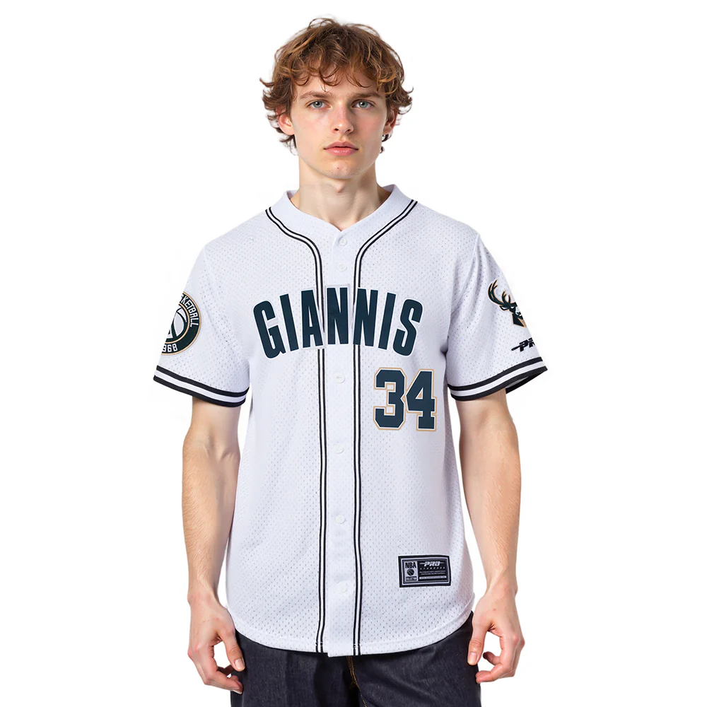 NBA MILWAUKEE BUCKS GIANNIS ANTETOKOUNMPO #34 CLASSIC MESH PNN MEN'S MESH BUTTON DOWN SHIRT (WHITE/BLACK/WHITE)