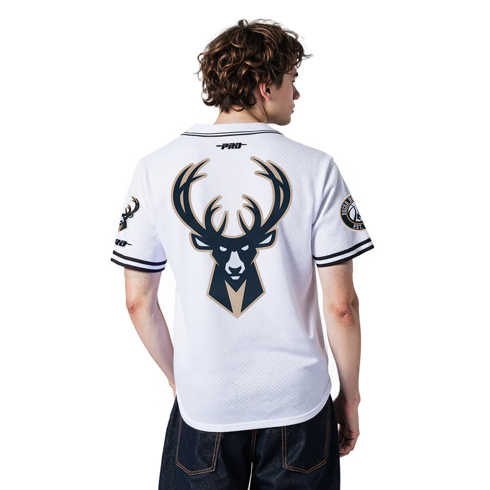NBA MILWAUKEE BUCKS GIANNIS ANTETOKOUNMPO #34 CLASSIC MESH PNN MEN'S MESH BUTTON DOWN SHIRT (WHITE/BLACK/WHITE) - Image 2