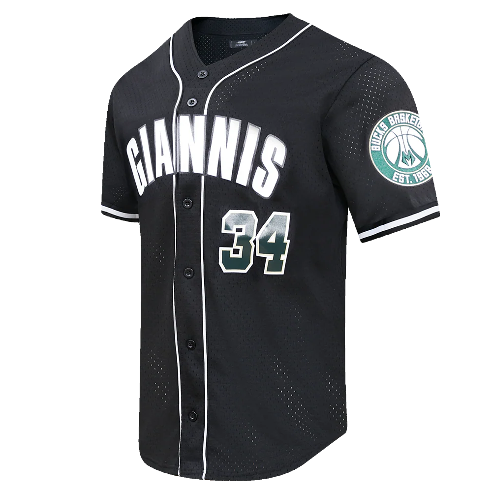 NBA MILWAUKEE BUCKS GIANNIS ANTEOKOUNMPO #34 MEN'S MESH BUTTON DOWN SHIR (BLACK) - Image 2