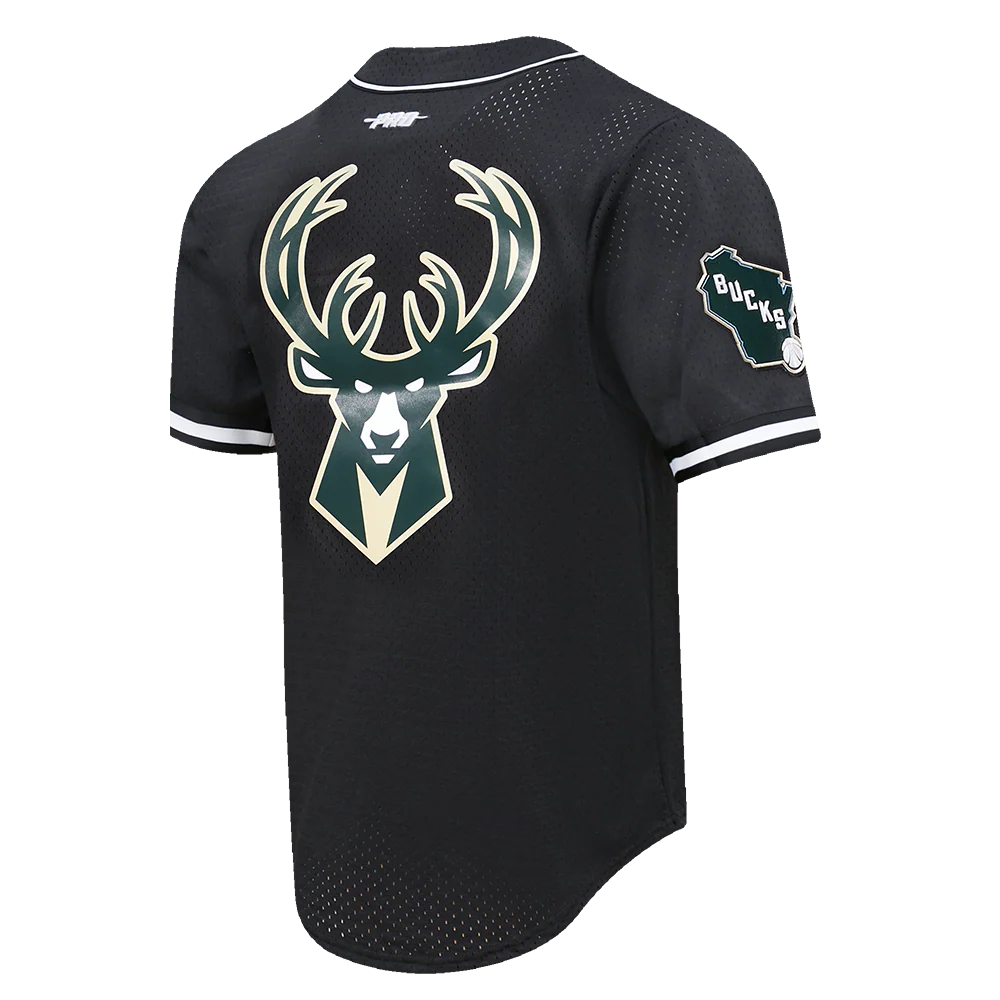 NBA MILWAUKEE BUCKS GIANNIS ANTEOKOUNMPO #34 MEN'S MESH BUTTON DOWN SHIR (BLACK) - Image 4