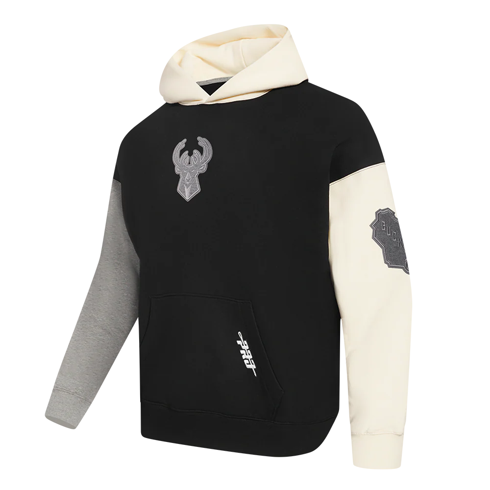 NBA MILWAUKEE BUCKS REVERSE FRENCH TERRY MEN'S COLOR BLOCK FLEECE PULLOVER HOODIE (BLACK/GRAY/EGGSHELL) - Image 2