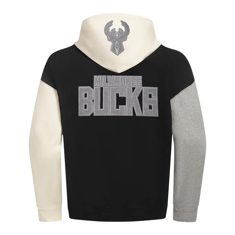 NBA MILWAUKEE BUCKS REVERSE FRENCH TERRY MEN'S COLOR BLOCK FLEECE PULLOVER HOODIE (BLACK/GRAY/EGGSHELL) - Image 3