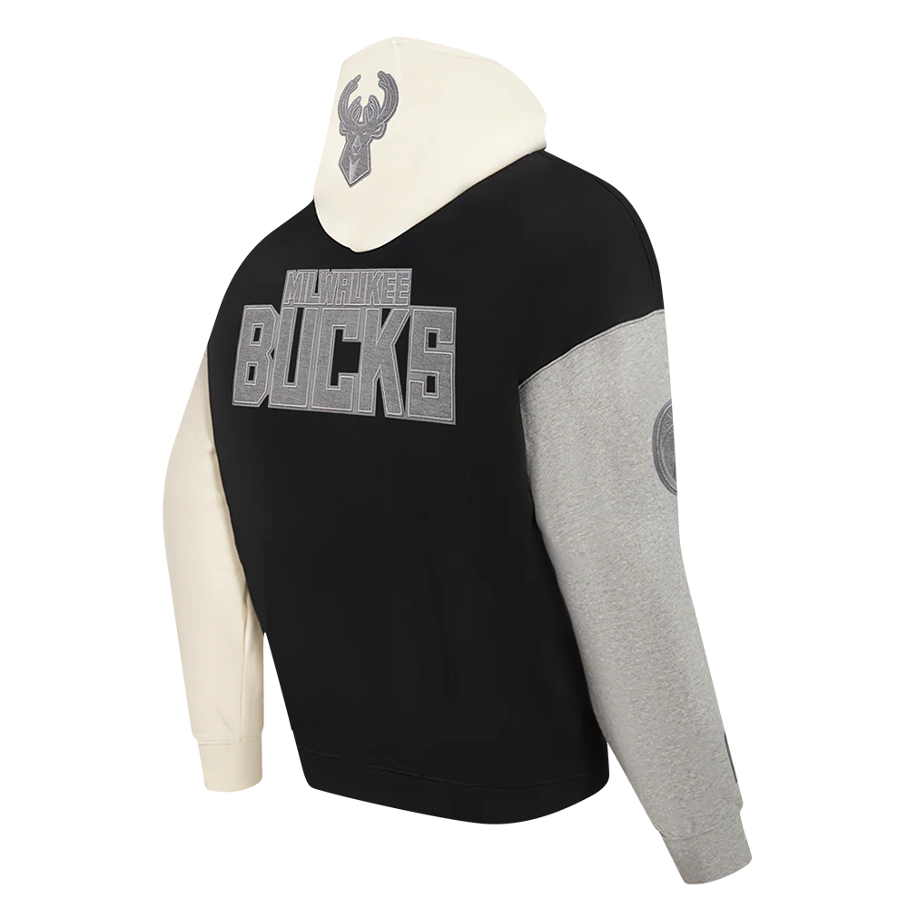 NBA MILWAUKEE BUCKS REVERSE FRENCH TERRY MEN'S COLOR BLOCK FLEECE PULLOVER HOODIE (BLACK/GRAY/EGGSHELL) - Image 4
