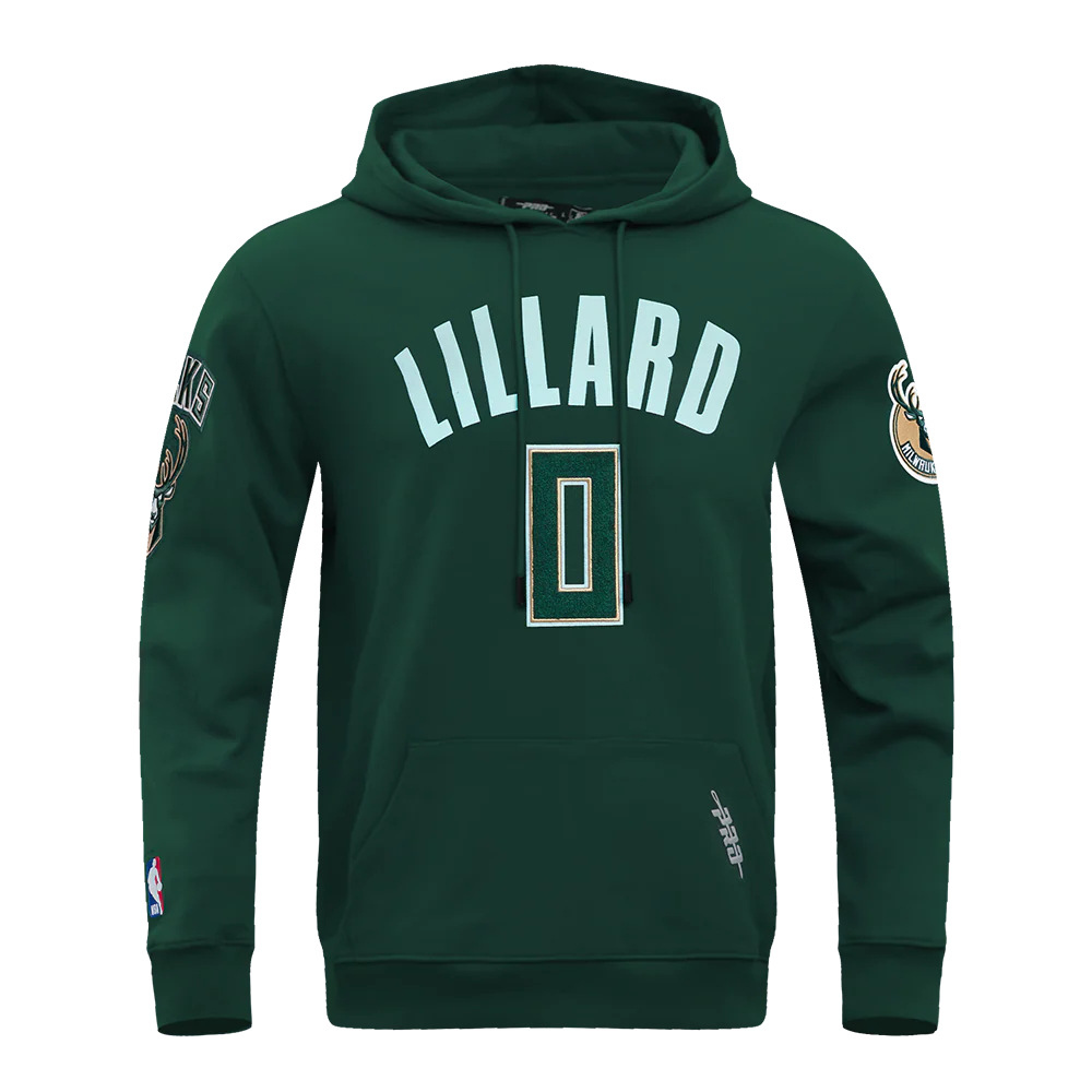 NBA MILWAUKEE BUCKS DAMIAN LILLARD #0 CLASSIC MEN'S DOUBLE KNIT PULLOVER HOODIE (FOREST GREEN)