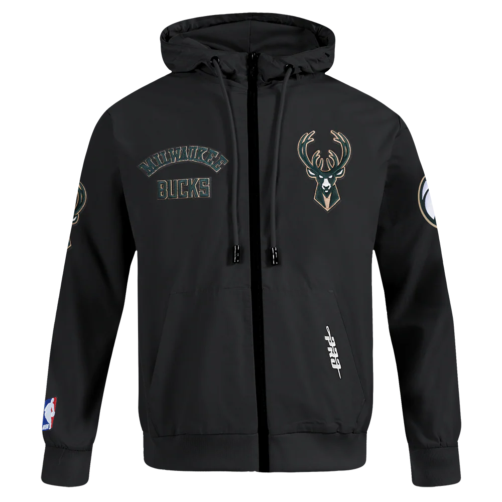 NBA MILWAUKEE BUCKS CLASSIC WIND SUIT MEN'S WOVEN FULL ZIP PULLOVER HOODIE (BLACK)
