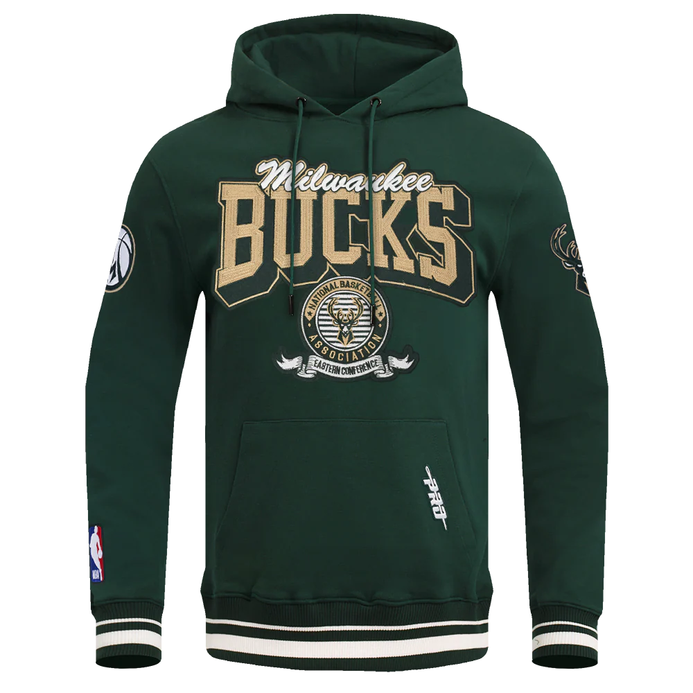 NBA MILWAUKEE BUCKS TEAM BADGE MEN'S RIB FLC PO HOODIE (FOREST GREEN)