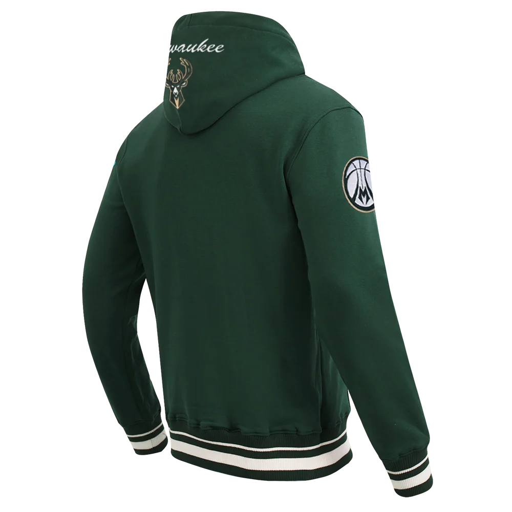 NBA MILWAUKEE BUCKS TEAM BADGE MEN'S RIB FLC PO HOODIE (FOREST GREEN) - Image 4