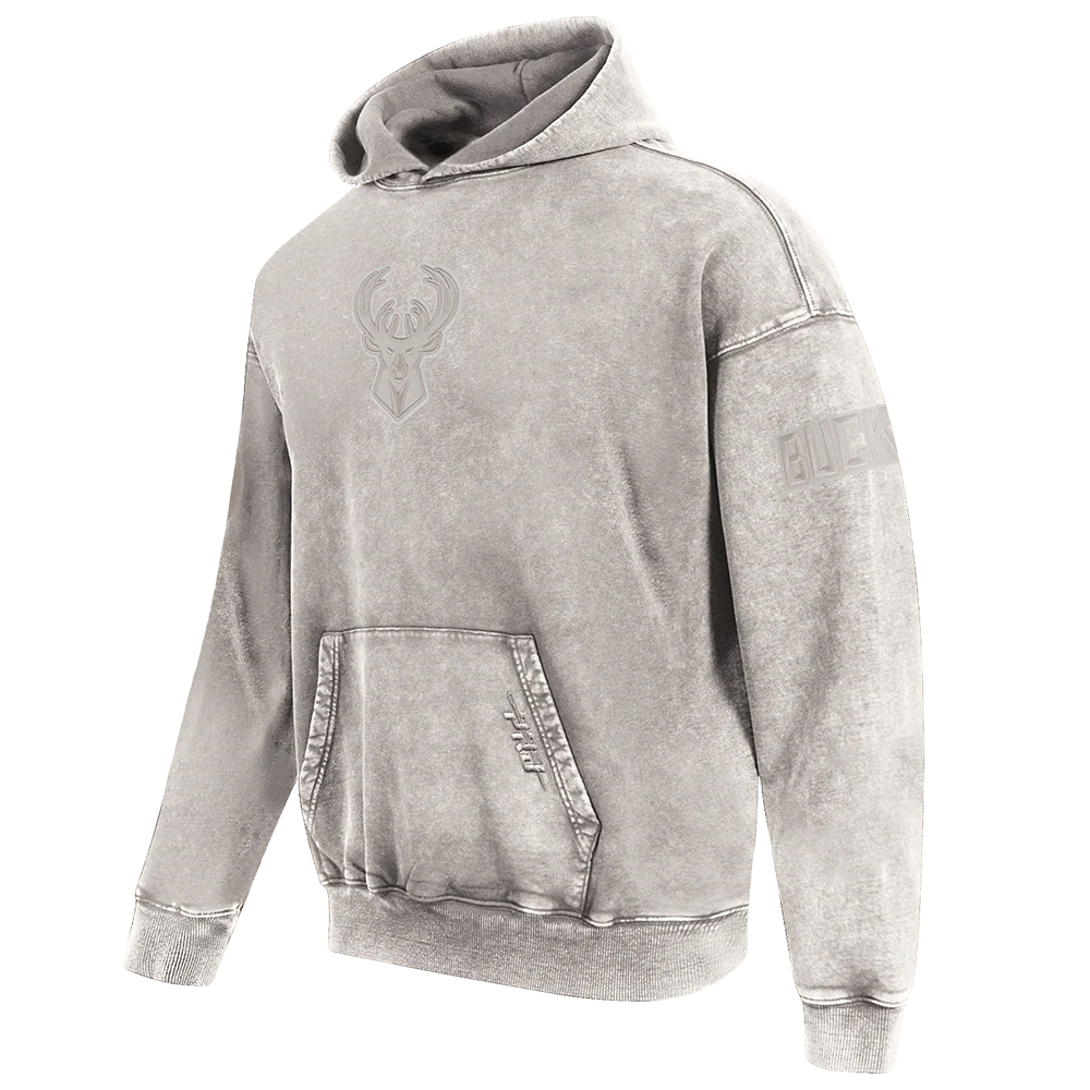 NBA MILWAUKEE BUCKS WASHED CLASSIC MEN'S ENZYME WASH DROP SHOULDER FT PO HOODIE  (WASHED WARM SLATE) - Image 2