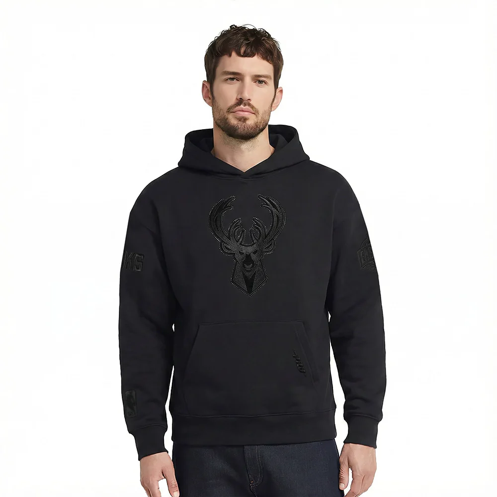 NBA MILWAUKEE BUCKS BLACKOUT MEN'S DROP SHOULDER FLC PO HOODIE (BLACK)