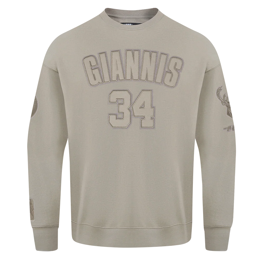 NBA MILWAUKEE BUCKS GIANNIS ANTETOKOUNMPO #34 NEUTRAL PNN MEN'S DROP SHOULDER FLC CREWNECK (TAUPE)