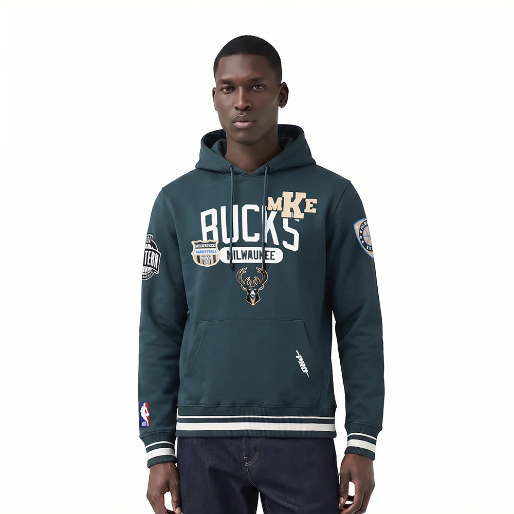 NBA MILWAUKEE BUCKS LETTERMAN MEN'S PULL OVER HOODIE (FOREST GREEN)