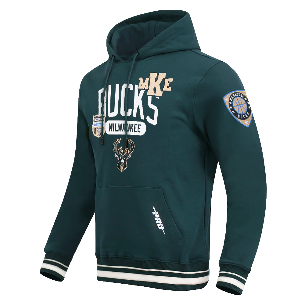 NBA MILWAUKEE BUCKS LETTERMAN MEN'S PULL OVER HOODIE (FOREST GREEN) - Image 3