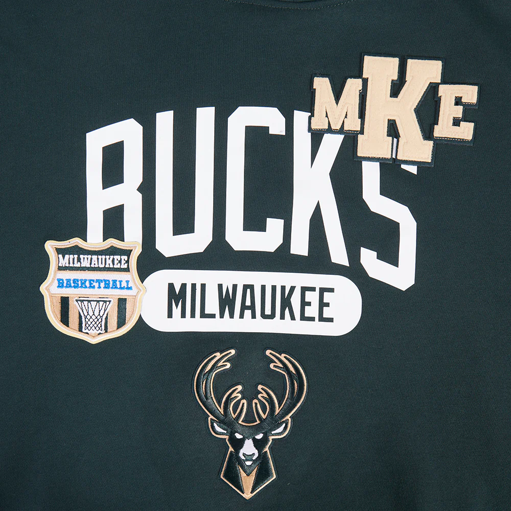 NBA MILWAUKEE BUCKS LETTERMAN MEN'S PULL OVER HOODIE (FOREST GREEN) - Image 6