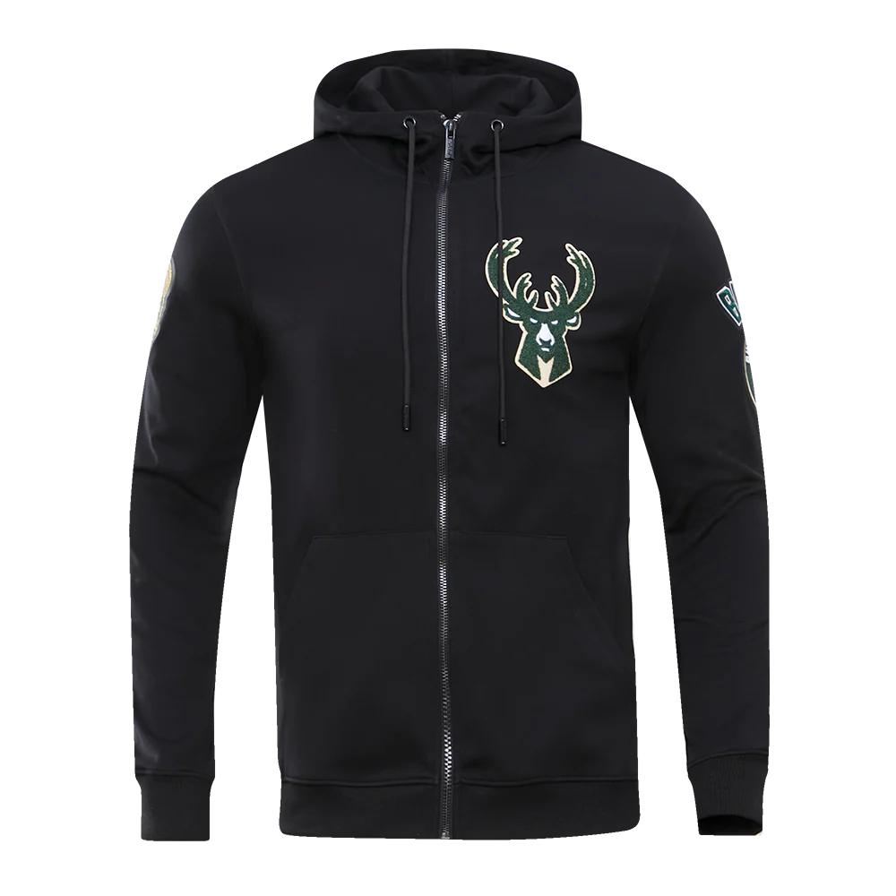 NBA MILWAUKEE BUCKS CLASSIC CHENILLE MEN'S FULL ZIP PULLOVER HOODIE (BLACK)