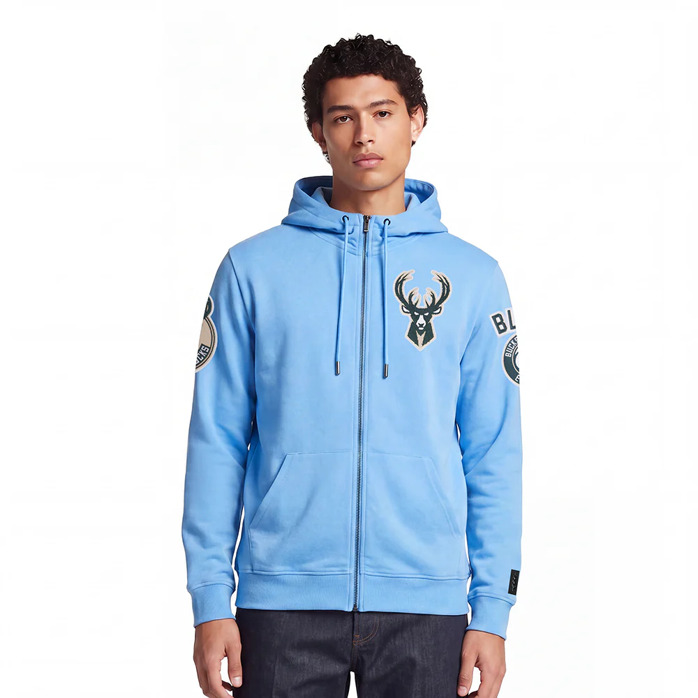 NBA MILWAUKEE BUCKS CLASSIC CHENILLE MEN'S FULL ZIP PULLOVER HOODIE (UNIVERSITY BLUE)