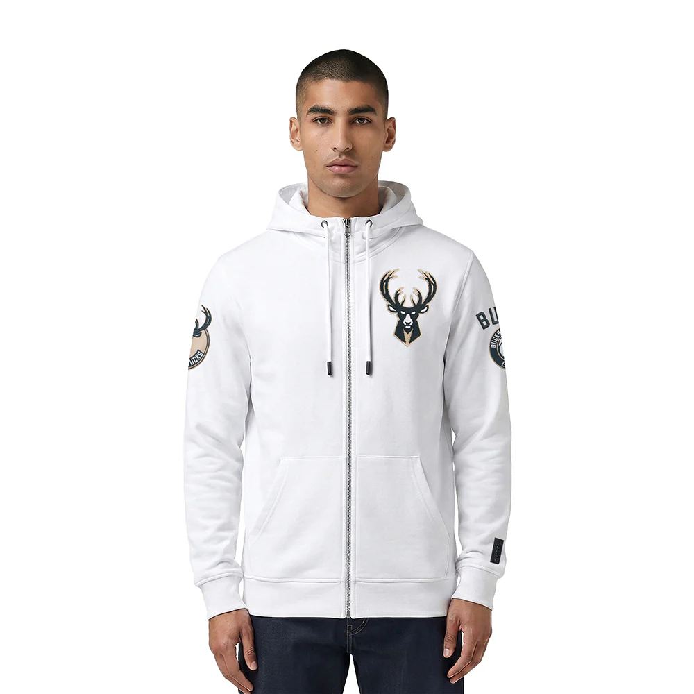NBA MILWAUKEE BUCKS CLASSIC CHENILLE MEN'S FULL ZIP PULLOVER HOODIE (WHITE)