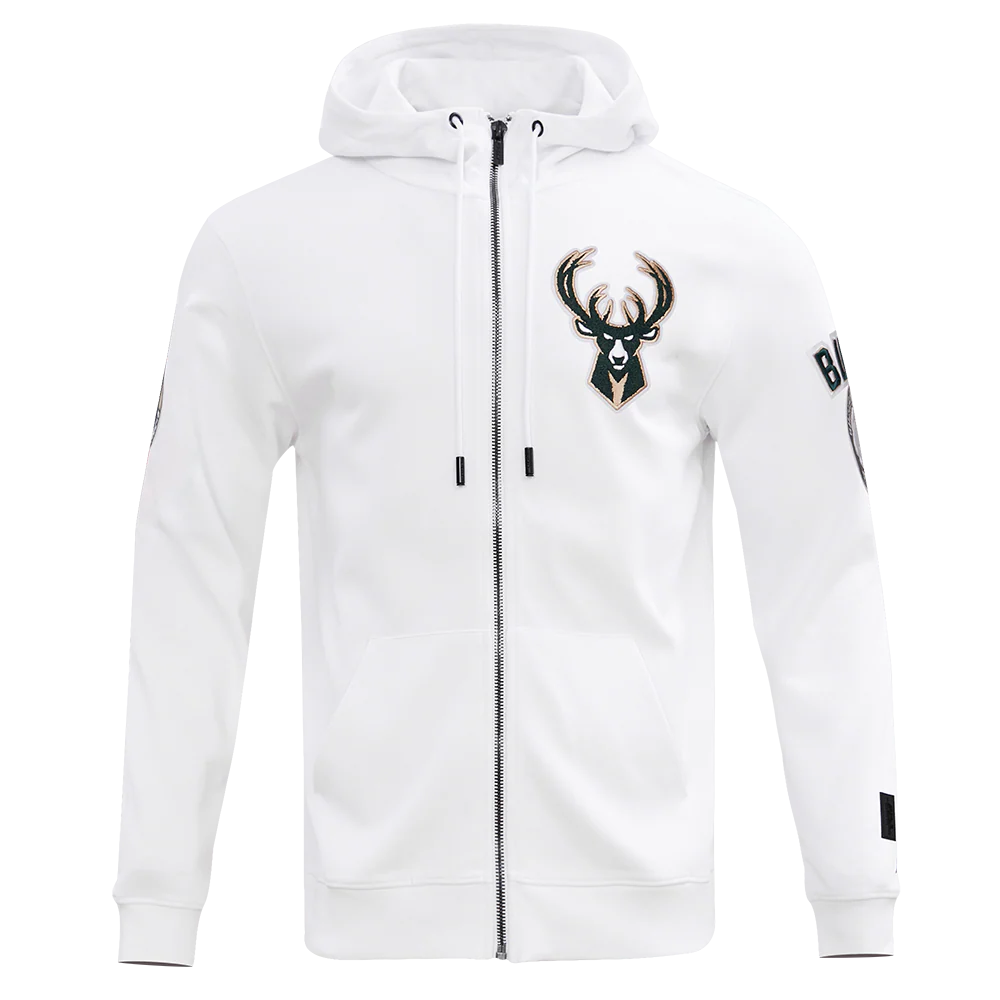 NBA MILWAUKEE BUCKS CLASSIC CHENILLE MEN'S FULL ZIP PULLOVER HOODIE (WHITE) - Image 3