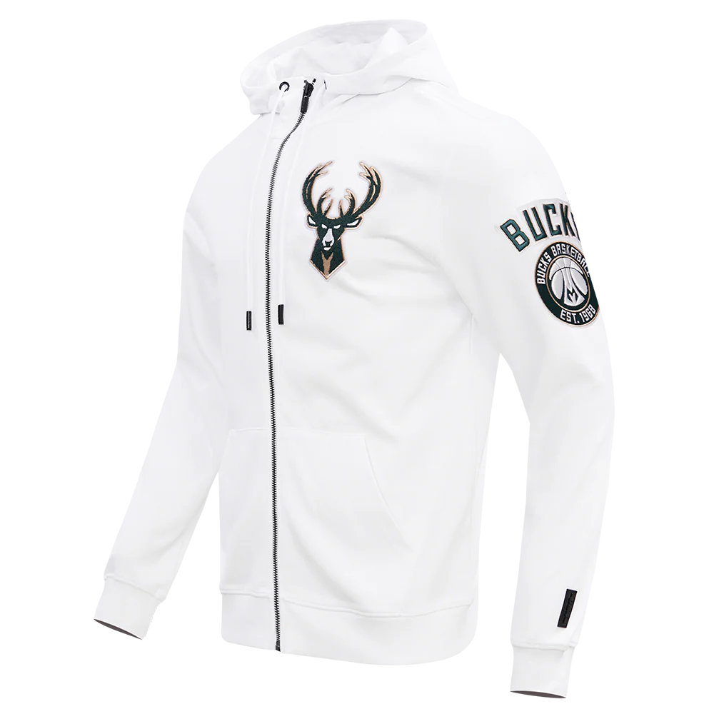 NBA MILWAUKEE BUCKS CLASSIC CHENILLE MEN'S FULL ZIP PULLOVER HOODIE (WHITE) - Image 5